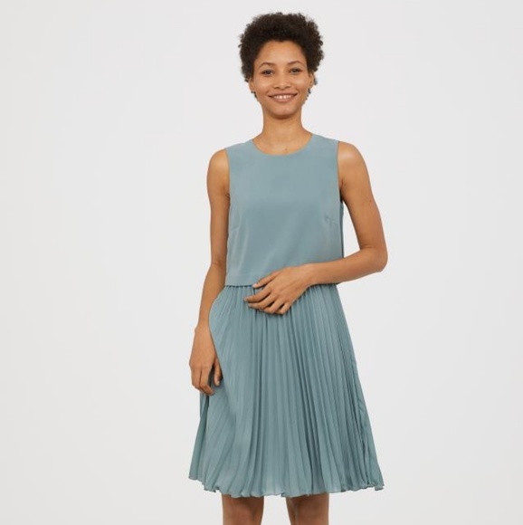 h&m pleated dress blue